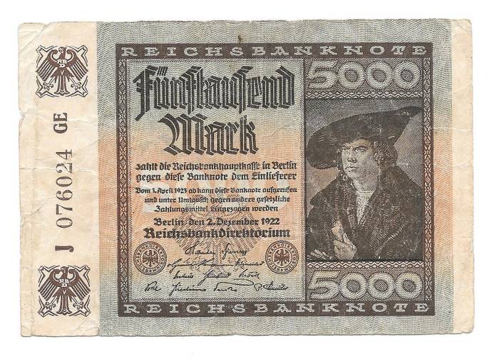 Банкнота 5000 марок 1922 Германия Веймарская республика