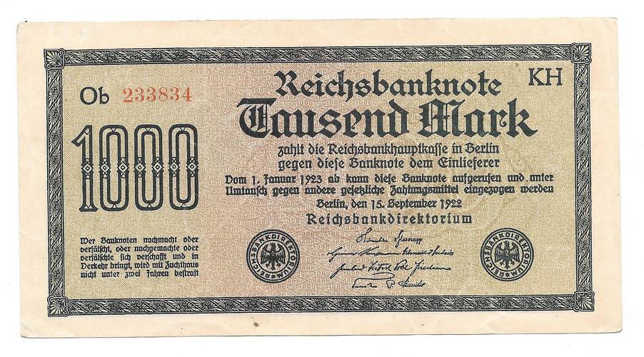 Банкнота 1000 марок 1922 Германия Веймарская республика