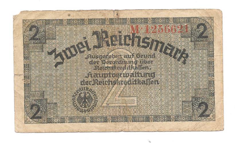 Банкнота 2 рейхсмарки (марки) 1939-1945 для оккупированных территорий Германия Третий Рейх