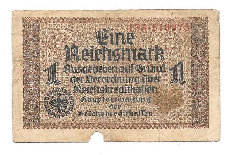 Банкнота 1 рейхсмарка (марка) 1939-1945 для оккупированных территорий Германия Третий Рейх