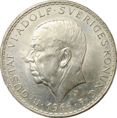 Монета 5 крон 1966 100 лет Конституционной реформе Швеция
