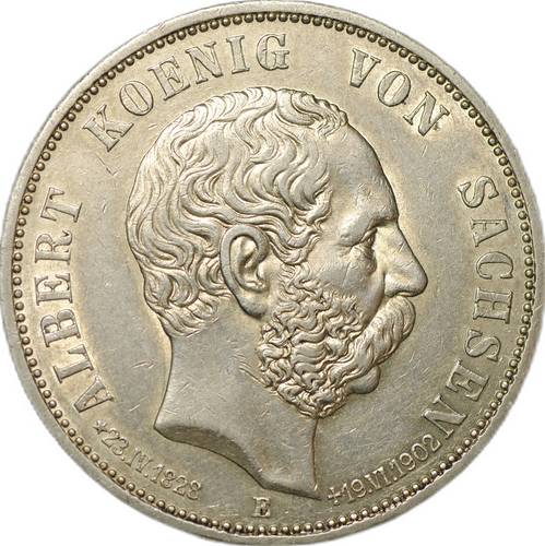Монета 5 марок 1902 E Смерть Альберта Саксонского Саксония Германия