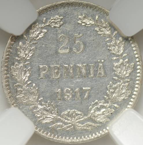 Монета 25 Пенни 1917 S Русская Финляндия (гербовый орел без корон) слаб ННР MS62
