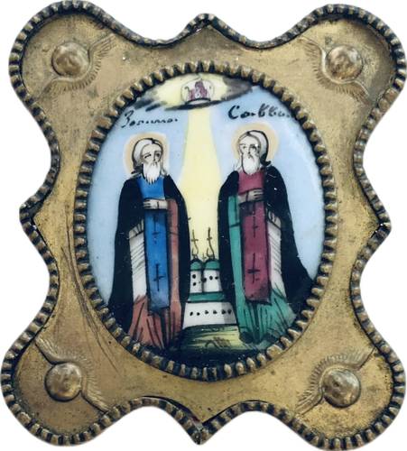 Икона Святые преподобные Зосима и Савватий Соловецкие финифть 6 х 5 см XX век