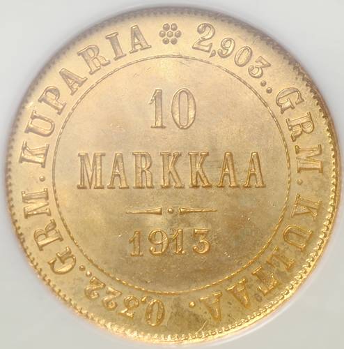 Монета 10 марок 1913 S Русская Финляндия слаб NGC MS 66
