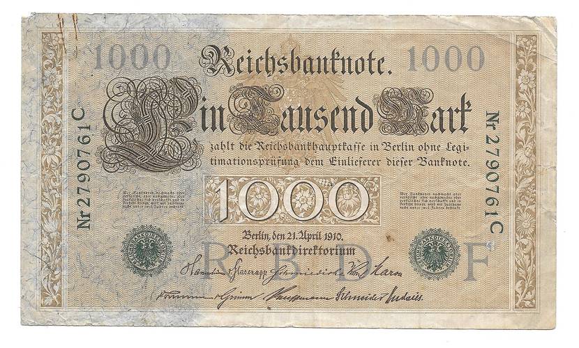 Банкнота 1000 марок 1910 зеленая печать Германия Германская Империя