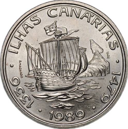 Монета 100 эскудо 1989 INCM Золотой век открытий - Открытие Канарских островов Португалия