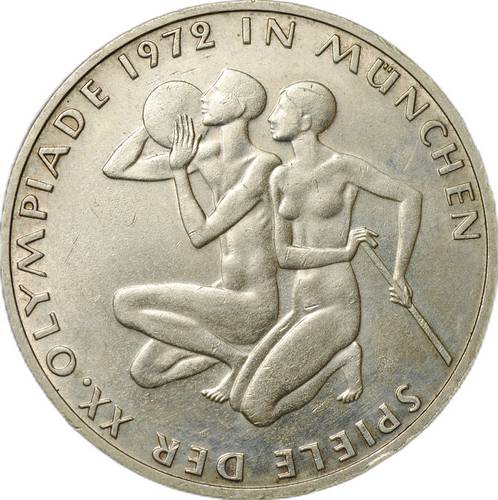 Монета 10 марок 1972 D Олимпиада Мюнхен Спортсмены Германия ФРГ