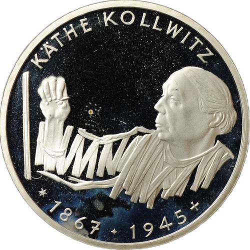 Монета 10 марок 1992 G 125 лет со дня рождения Кете Кольвиц Германия