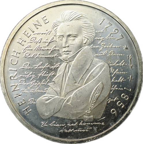 Монета 10 марок 1997 D 200 лет со дня рождения Генриха Гейне UNC Германия