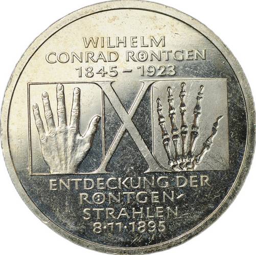 Монета 10 марок 1995 D 150 лет со дня рождения Вильгельма Конрада Рентгена Германия