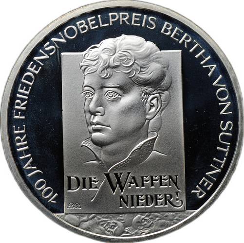 Монета 10 евро 2005 100 лет вручения Нобелевской премии Берте фон Зутнер Германия