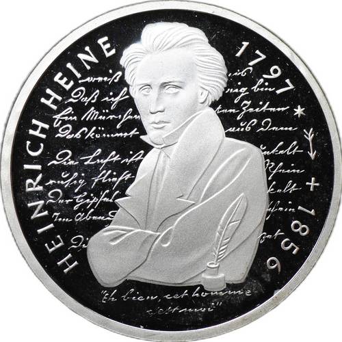 Монета 10 марок 1997 D - Мюнхен 200 лет со дня рождения Генриха Гейне Германия