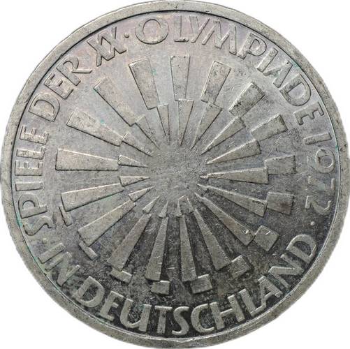Монета 10 марок 1972 F - Штутгарт XX летние Олимпийские Игры, Мюнхен 1972 - Эмблема In München Германия