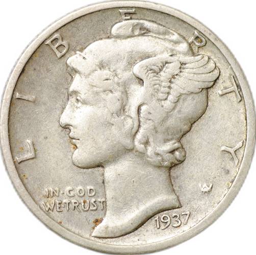 Монета 1 дайм 1937 D - Денвер Mercury Dime США