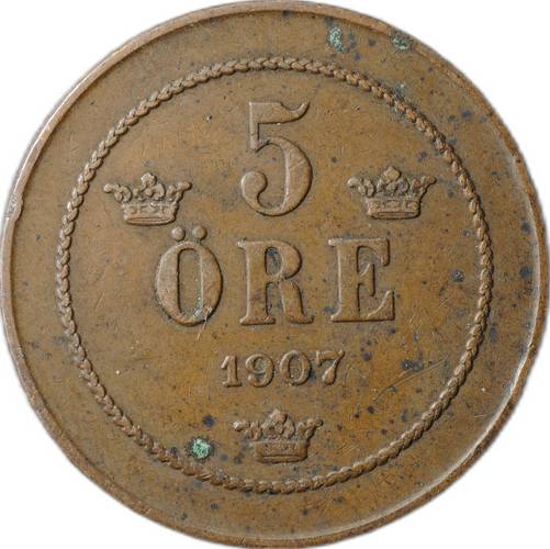 Монета 5 эре 1907 Швеция