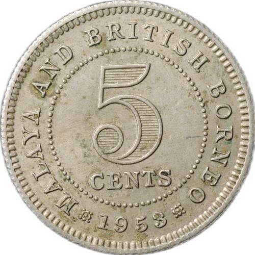 Монета 5 центов 1953 Малайя и Британское Борнео