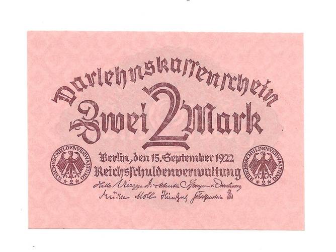 Банкнота 2 марки 1922 Германия Веймарская республика