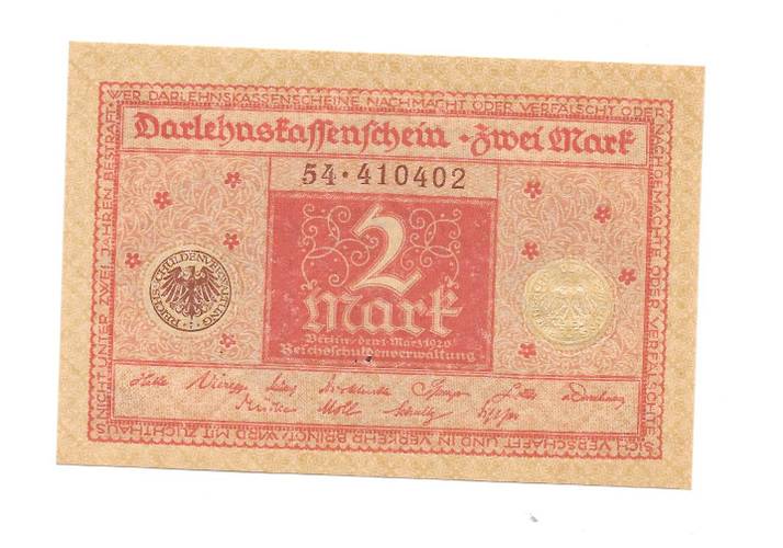 Банкнота 2 марки 1920 Германия Веймарская республика красная