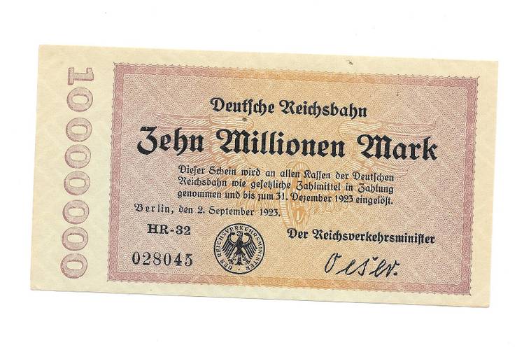 Банкнота 10000000 марок 1923 (10 миллионов) Германия Веймарская республика 2 сентября