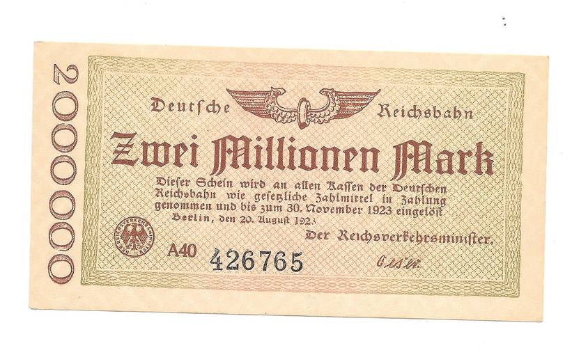 Банкнота 2000000 марок 1923 (2 миллиона) Германия Веймарская республика