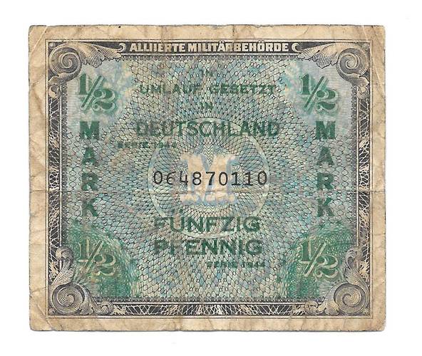 Банкнота 1/2 марки 1944 оккупация союзниками Германия