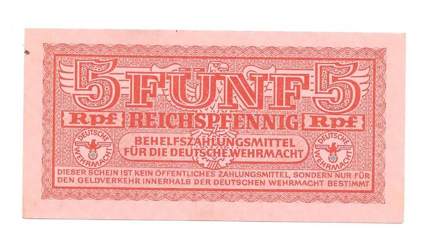 Банкнота 5 рейхспфеннингов (пфеннингов) 1942 Военные деньги Вермахта Германия Третий Рейх