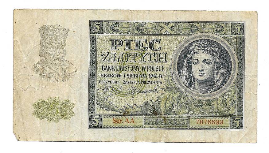 Банкнота 5 злотых 1941 оккупация Германией Польша