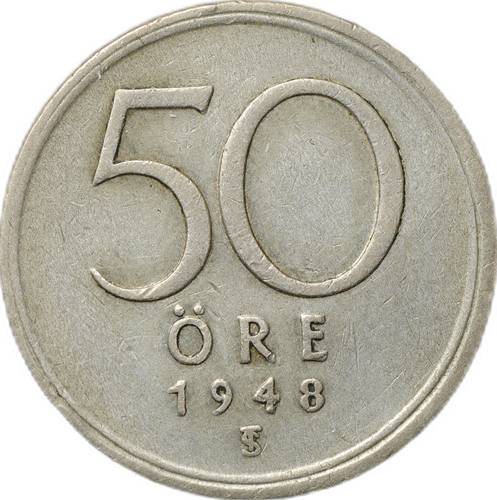 Монета 50 эре 1948 Швеция