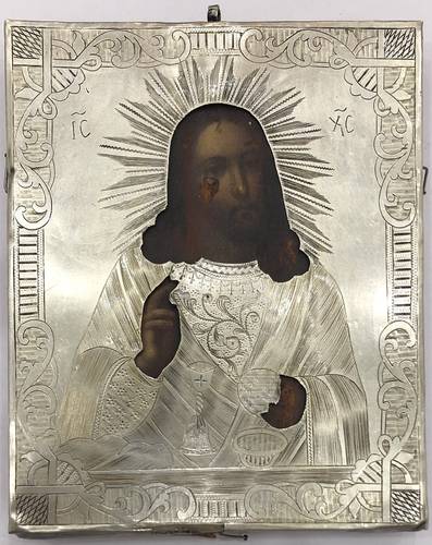 Икона Господь Вседержитель Спаситель 13х10,5 см оклад серебро 84 пробы 1858 год