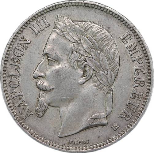 Монета 5 франков 1868 BB - Страсбург Франция