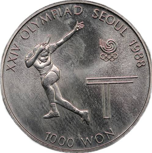 Монета 1000 вон 1988 Олимпийские Игры Сеул Настольный теннис Южная Корея