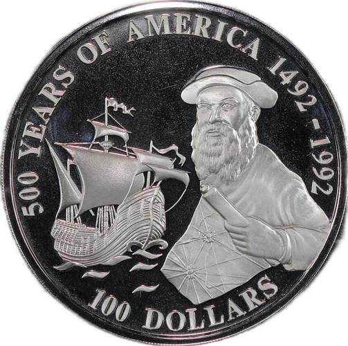 Монета 100 долларов 1990 500 лет открытию Америки - Фердинанд Магеллан Острова Кука