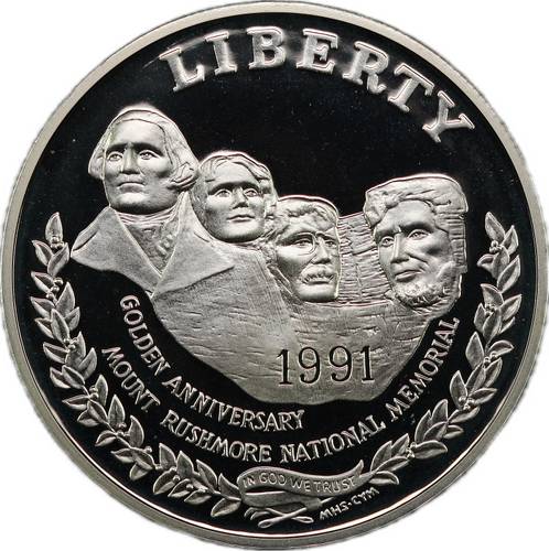 Монета 1 доллар 1991 S 50 лет Национальному мемориалу Рашмор США