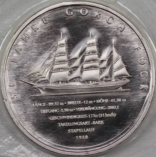 Монета 10 евро 2008 50 лет парусному учебному кораблю Gorch Fock II Германия