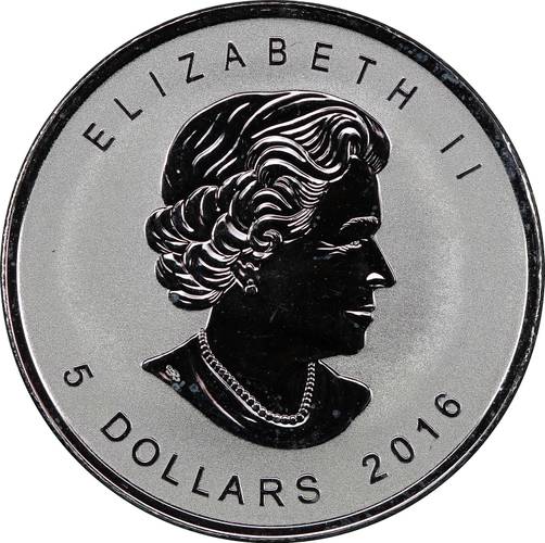 Монета 5 долларов 2016 Кленовый лист Отметка обезьяна Канада