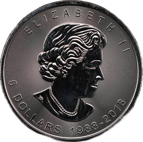 Монета 5 долларов 2018 30 лет серии Кленовый лист Канада