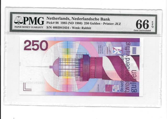 Банкнота 250 гульденов 1985 слаб PMG 66 Нидерланды