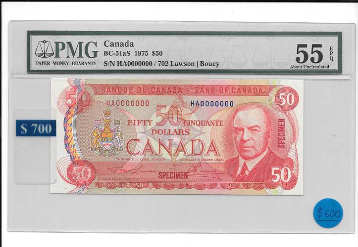 Банкнота 50 долларов 1975 Образец HA 0000000 слаб PMG 55 Канада