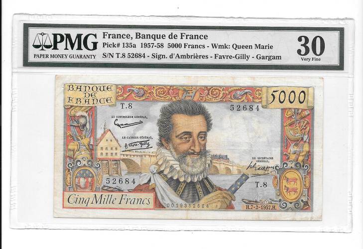 Банкнота 5000 франков 1957-1958 Анри IV слаб PMG 30 Франция