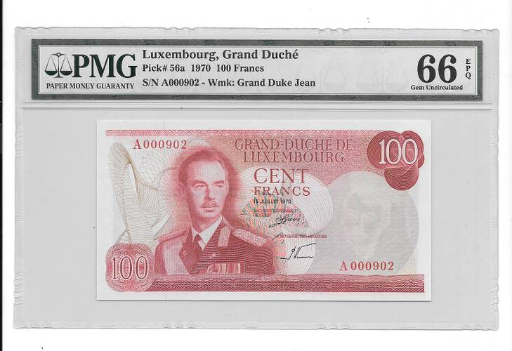 Банкнота 100 франков 1970 слаб PMG 66 Люксембург