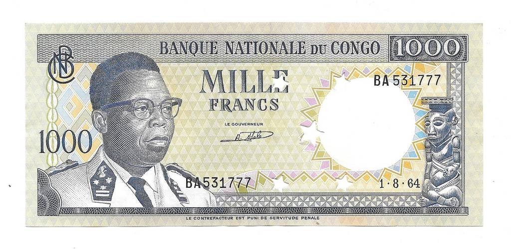 Банкнота 1000 франков 1964 гашение Конго