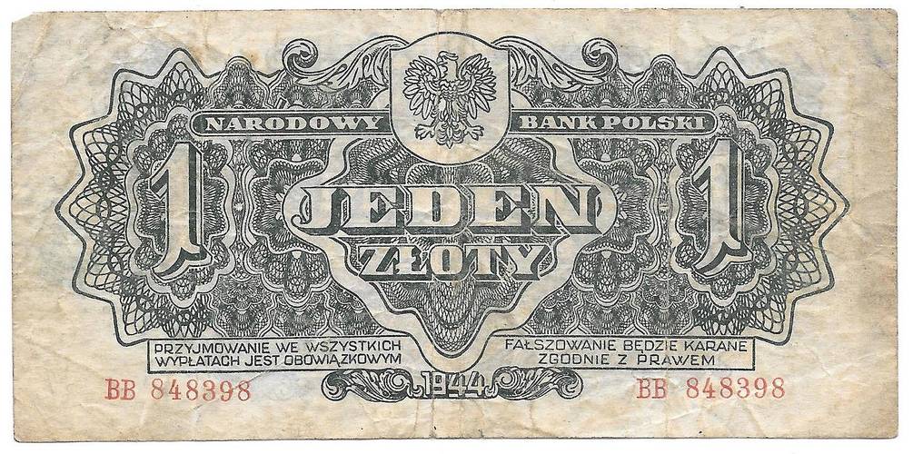 Банкнота 1 злотый 1944 Советская оккупация Польша