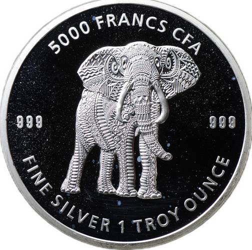 Монета 5000 франков 2019 Слон в стиле мандалы Чад
