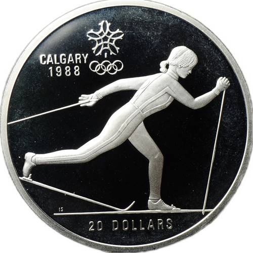 Монета 20 долларов 1986 Олимпиада Калгари 1988 - Лыжные гонки Канада