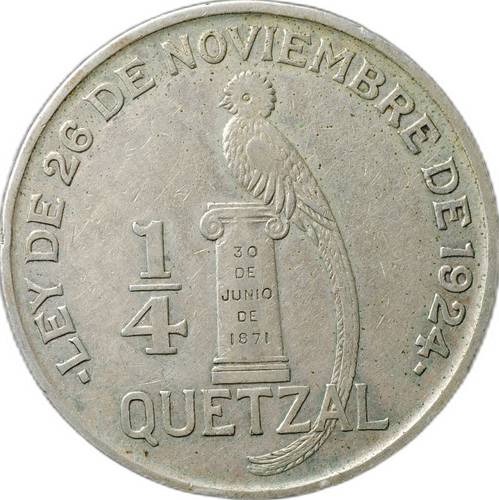 Монета 1/4 кетсаля 1929 Гватемала