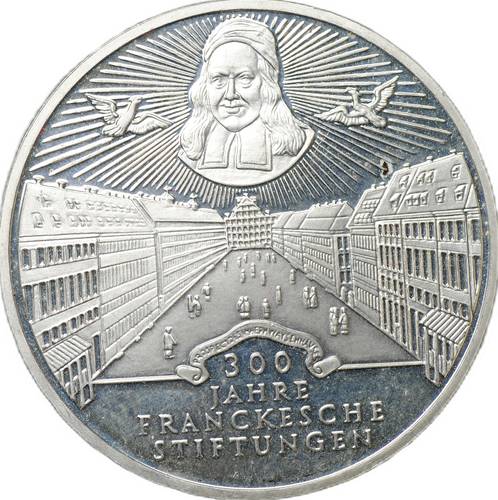 Монета 10 марок 1998 A 300 лет Франкскому благотворительному фонду Германия
