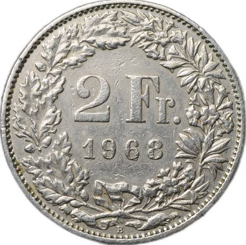 Монета 2 франка 1968 B - Берн Швейцария