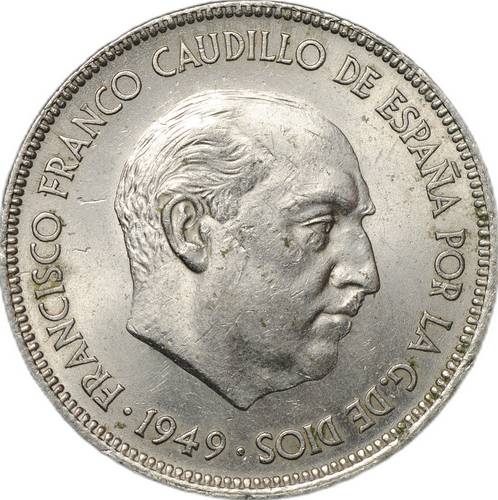 Монета 5 песет 1949 Испания