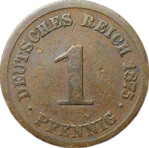 Монета 1 пфенниг 1875 A - Берлин Германия